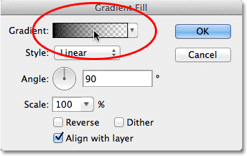 Clicking the gradient preview bar in the Gradient Fill dialog box. Image © 2012 Photoshop Essentials.com.