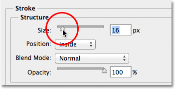 Increasing the size of the stroke to 16px. Image © 2012 Photoshop Essentials.com.