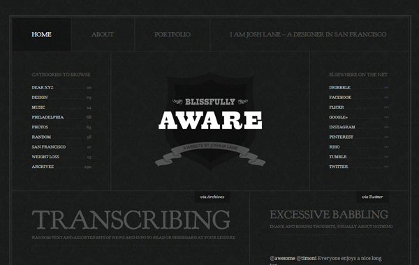 dark themed white typography website interface