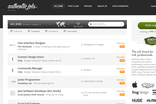 authentic jobs board website design interface