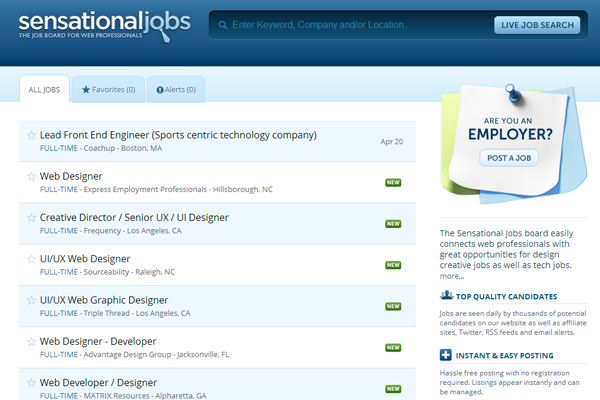 design jobs board homepage sensationals