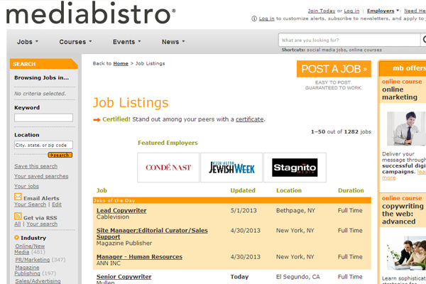 media bistro website design interface jobsboard