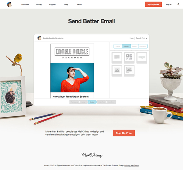 Mailchimp use whitespace cleverly on their homepage, to highlight their brand message more clearly.