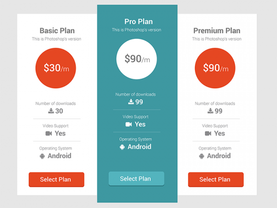 Pricing Table UI Element PSD Templates