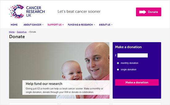 Cancer Research Charity Donate Webpage