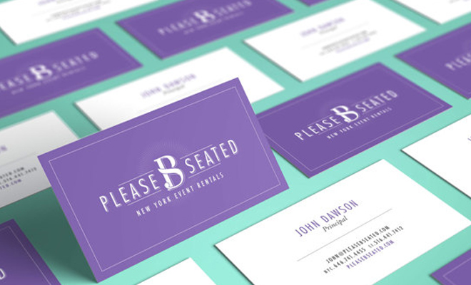 please b seated purple business card branding
