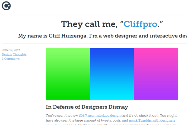 cliff huizenga portfolio website layout