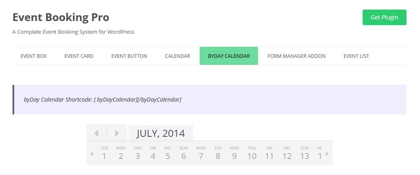 Event Booking Pro  byDay Calendar Add on
