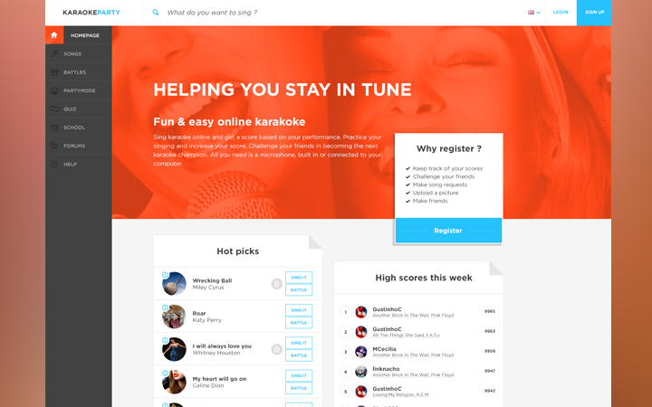 karaoke party website flat layout mockup