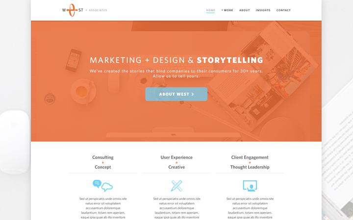 flat orange marketing website layout mockup