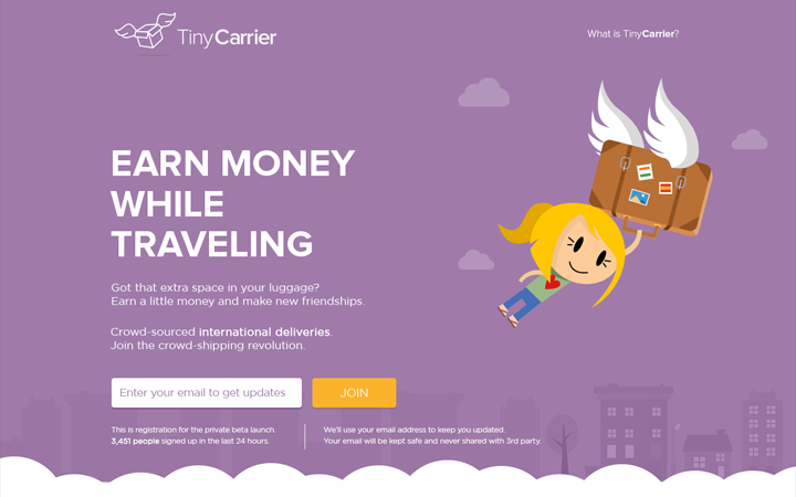 tiny carrier landing page purple flat mockup