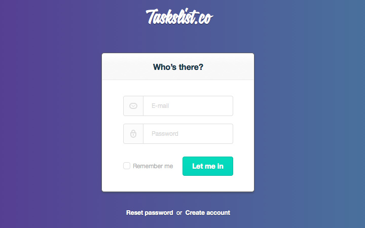 tasklist co startup homepage login screen