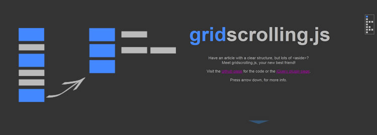 gridscrolling.js, a jQuery plugin A layout for positioning sections and asides in a grid & allowing for easy cursor key navigation