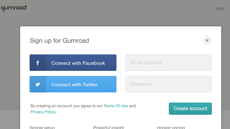 gumroad homepage modal window signup oauth