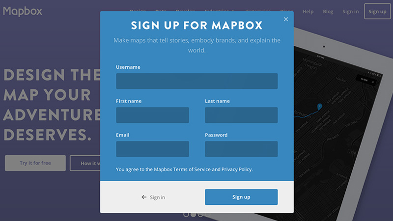 mapbox modal register login animated forms