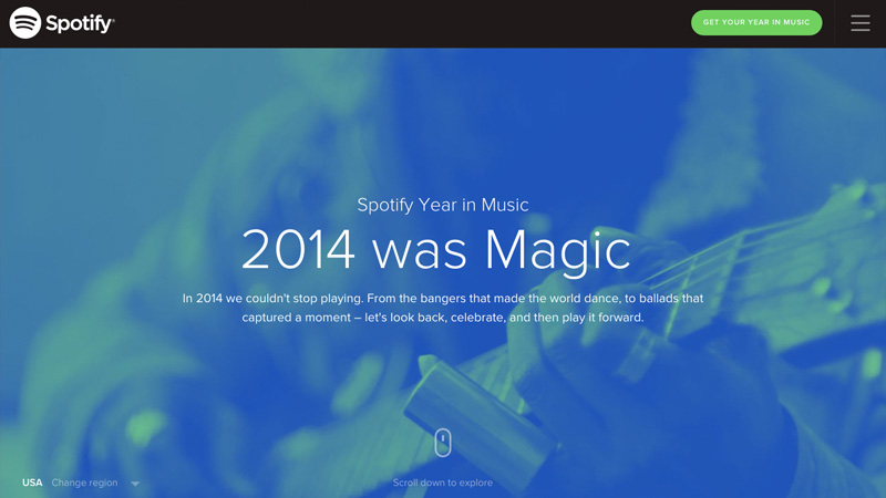 One page layouts are popular among yearly reviews like Spotify's Year in Music as it allows a natural timeline of the year in an easy to browse manner.