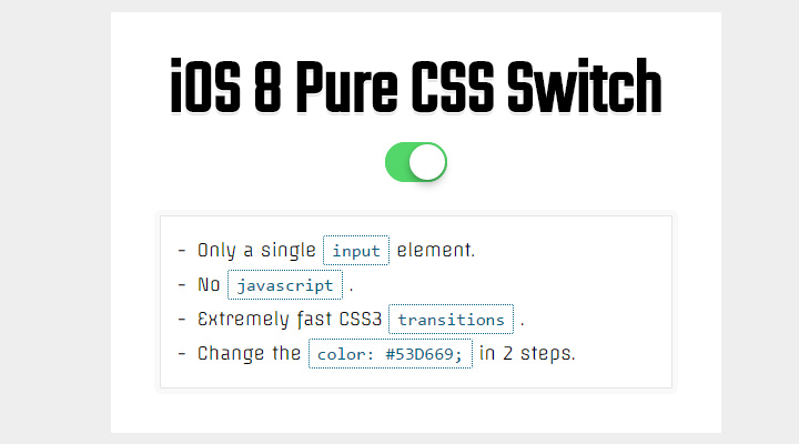 ios8 flat green switch on off css3 code