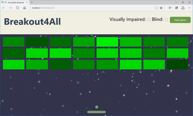 Screenshot of the game with no accessibility feature enabled. Great graphics, small paddle and no audio assistance.