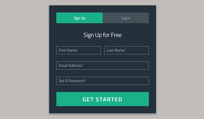 A design for a sign-up/login form using tabs and floating form labels.