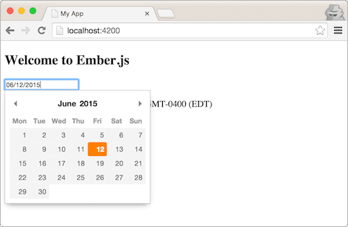 A Pikaday date-picker rendered as an Ember component