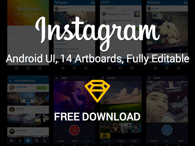 Instagram Android UI Kit 14 Screens Sketch Format Arjun Rajkishore