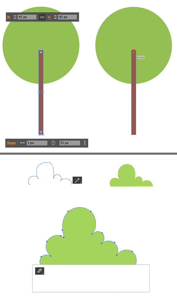 make plants and trees with basic shapes and pencil tool