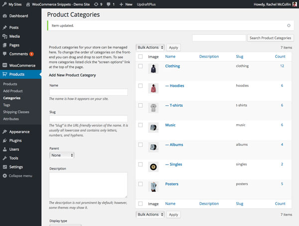 Product categories screen in WordPress admin with category images added
