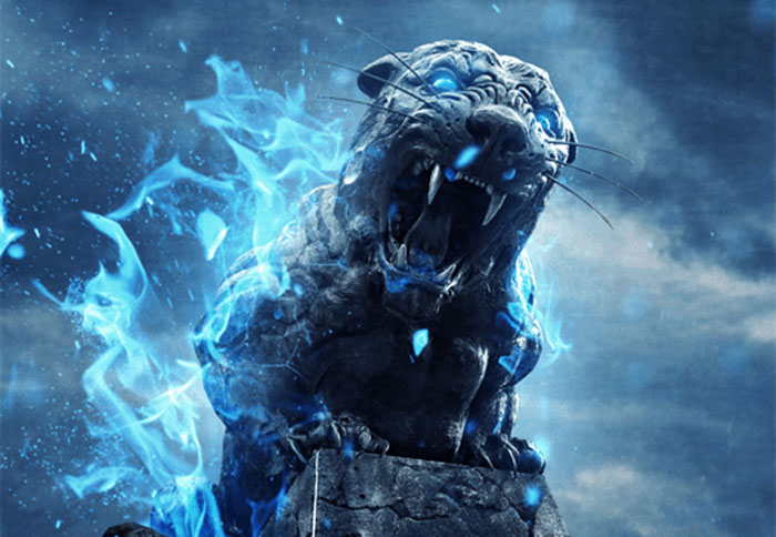 How To Create An Intense Composite Of A Stone Tiger With Blue Flames