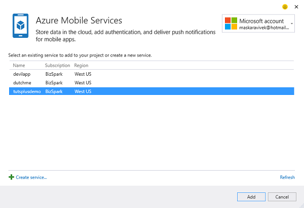 Connect to an Azure Mobile Service