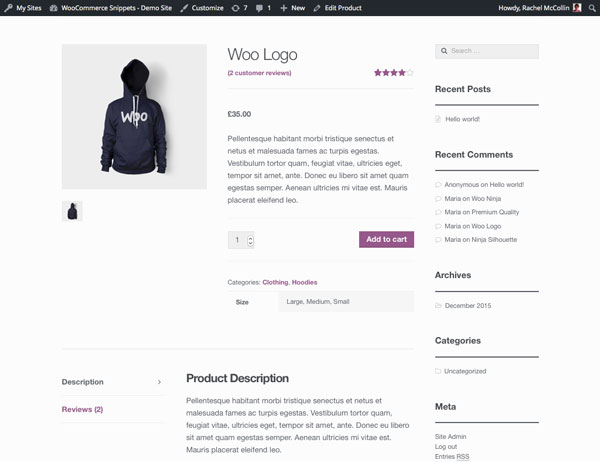 WooCommerce product page - product attributes with product short description in table
