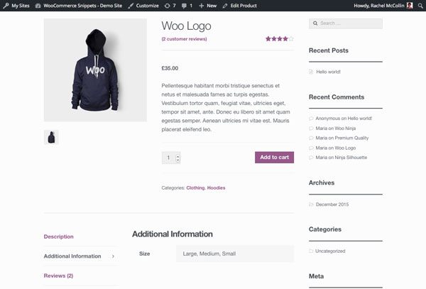 WooCommerce product page - default with product attributes tab