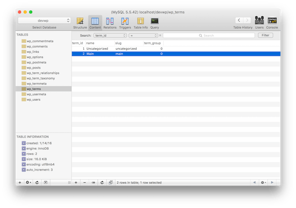 The terms database table