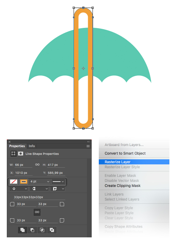 add a crook handle with rounded rectangle tool