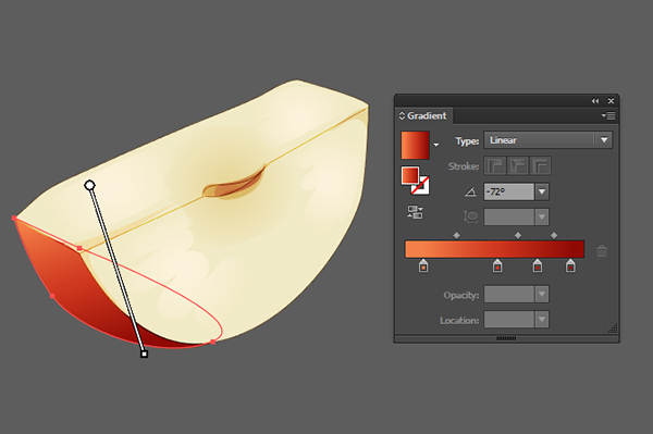 The Linear Gradient on the peel includes red and orange hues placing the oranges on the left and dark reds on the right