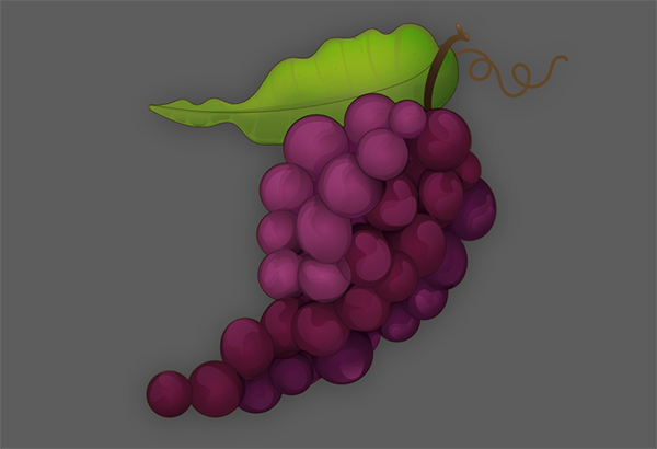 Finalize the grape design with a brown stem and outline the leaf and grapes with a 05 pt weight stroked path 