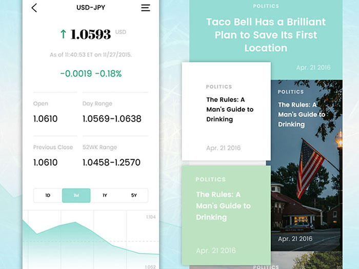 Financial and news app screens