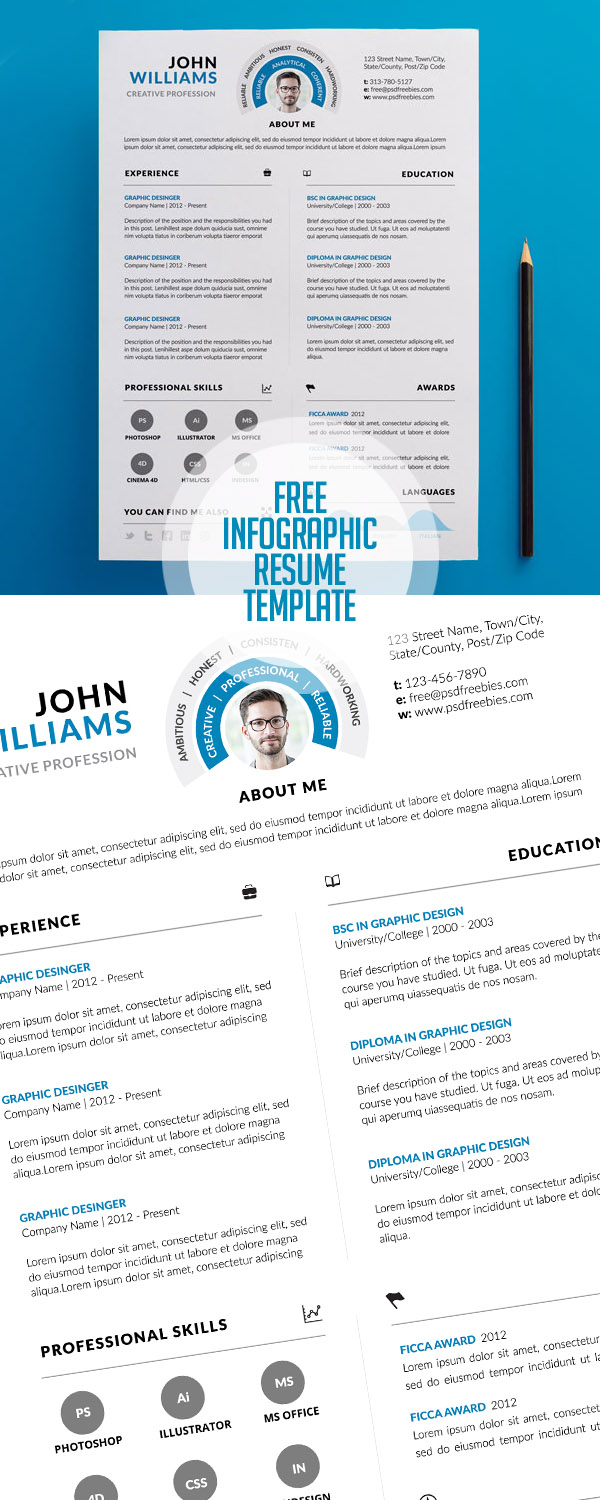 Free Clean and Infographic Resume PSD Template