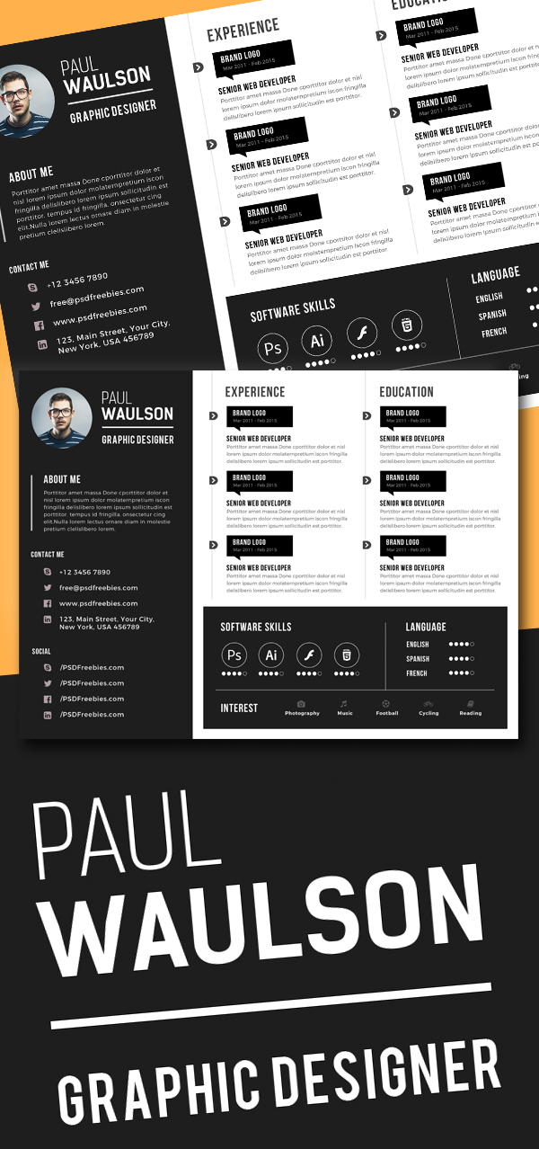 Free Creative Horizontal CV Resume Template PSD