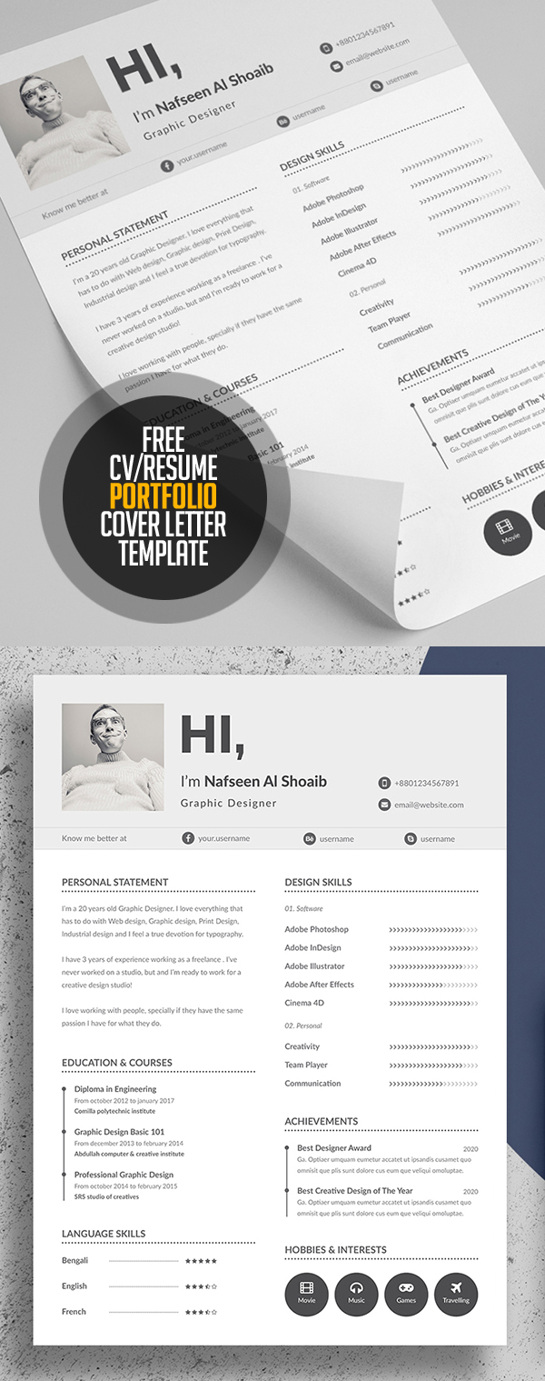 Free Resume/CV, Portfolio and Cover Letter Template