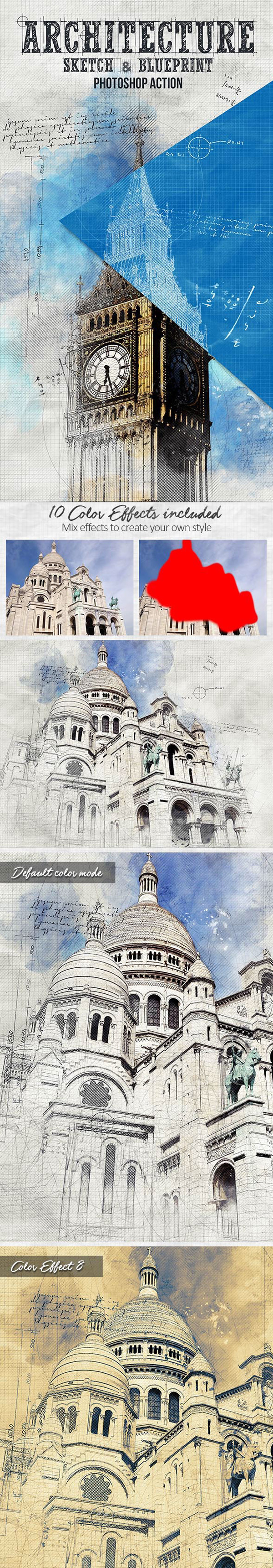 Architecture Sketch and Blueprint Photoshop Action
