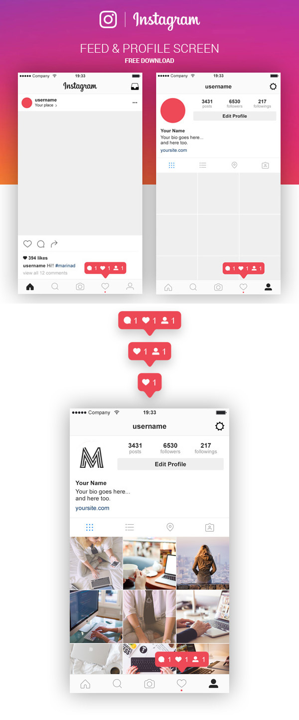 Free Instagram Feed & Profile Screen PSD UI Kit