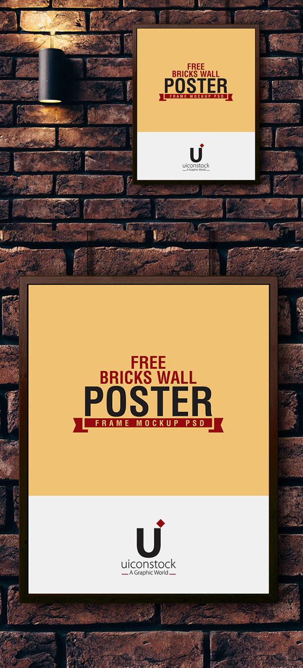 Free Bricks Wall Poster Frame Mockup PSD