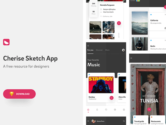 Cherise app concept: 20 sample screens for Sketch