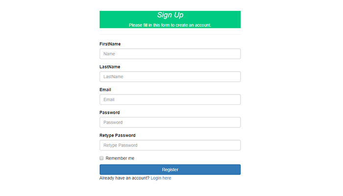 bootstrapped-powered sign up form