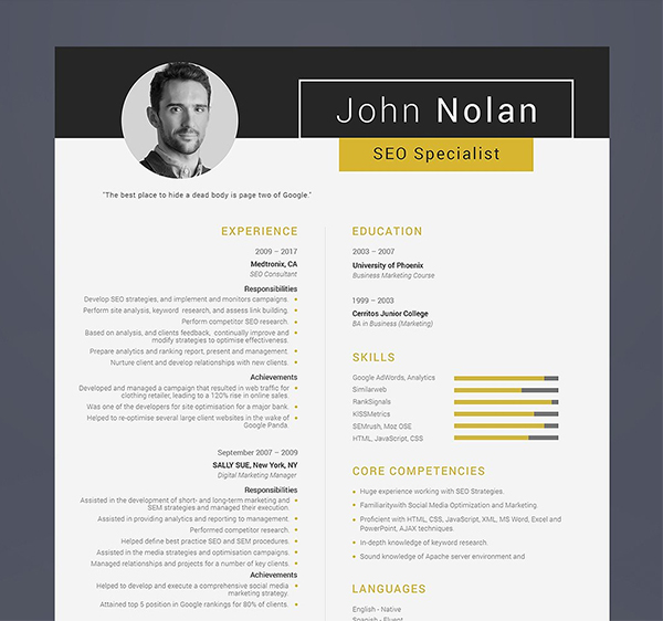 Printable Resume for SEO Specialist