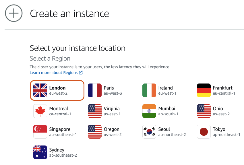 Select your Amazon Web Services region and availability zone 
