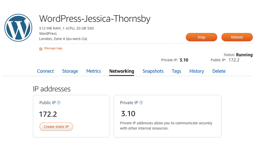 Create a static IP address and attach it to your WordPress instance 