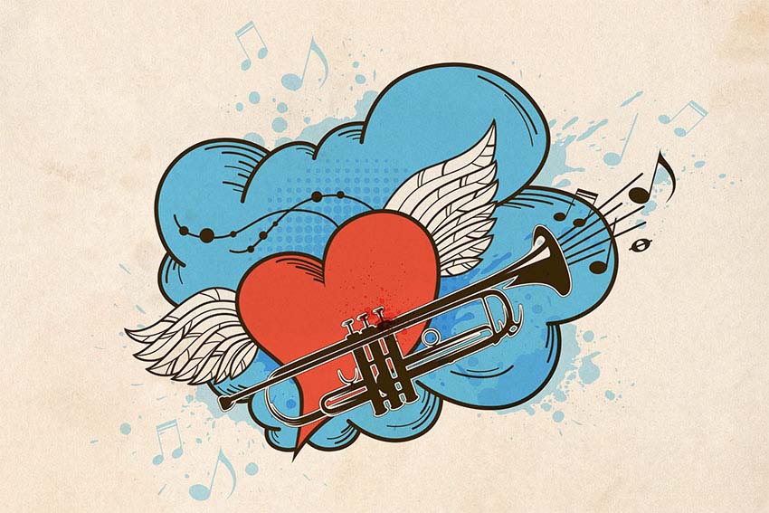 Musical Retro Background With Red Heart Vector