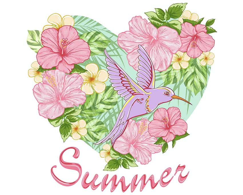 Heart Outline Vector Tropical Flowers and Bird