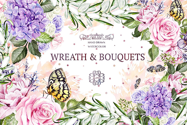 Watercolor Wreath & Bouquets